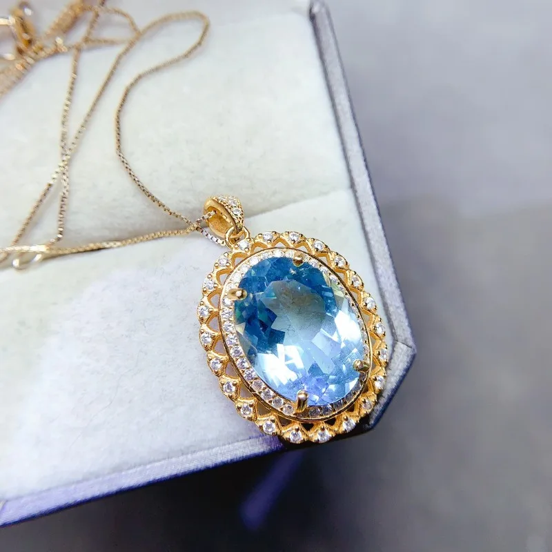 Hot Selling 925 Silver Topaz Pendant 12mm*16 5ct Natural Topaz Necklace Pendant 18K Gold Plated Sky Blue Topaz Jewelry