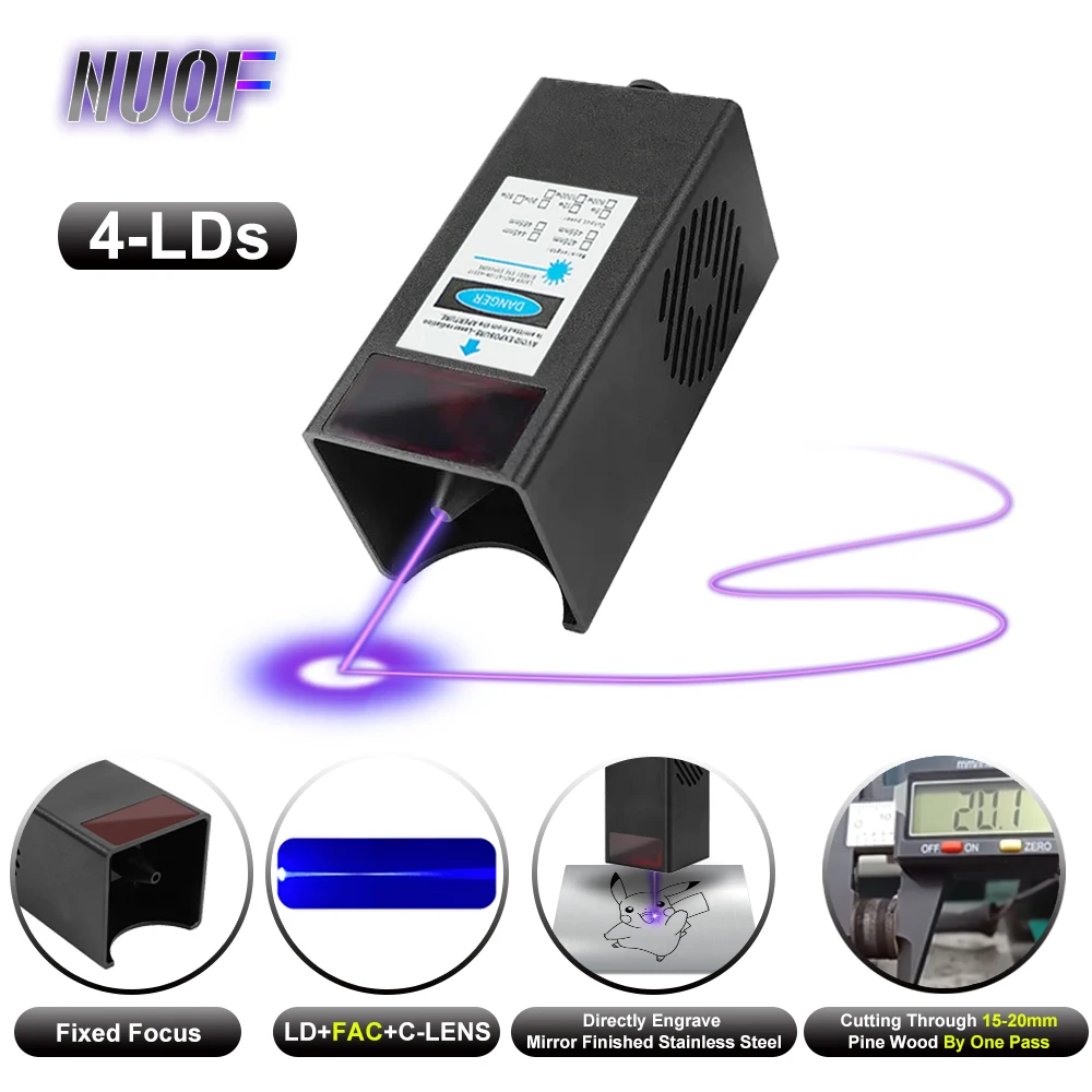 NUOF 130W 4-LDs Laser Module with Air Assist Laser 450nm Blue Light CNC TTL FAC Module for Home DIY Laser Cutting Machine Tools