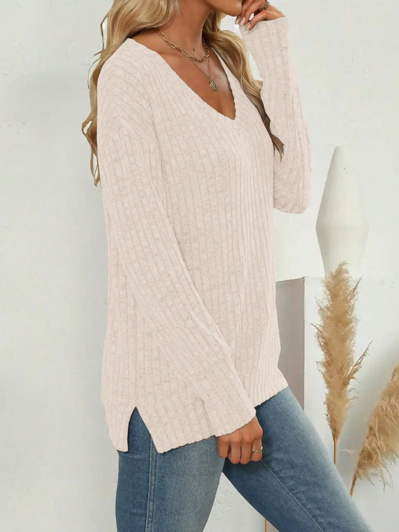 Spring Autumn Women\'s Casual Elegant Solid Color V-Neck Long Sleeve  Knitted Loose Pullover Tops T-Shirt