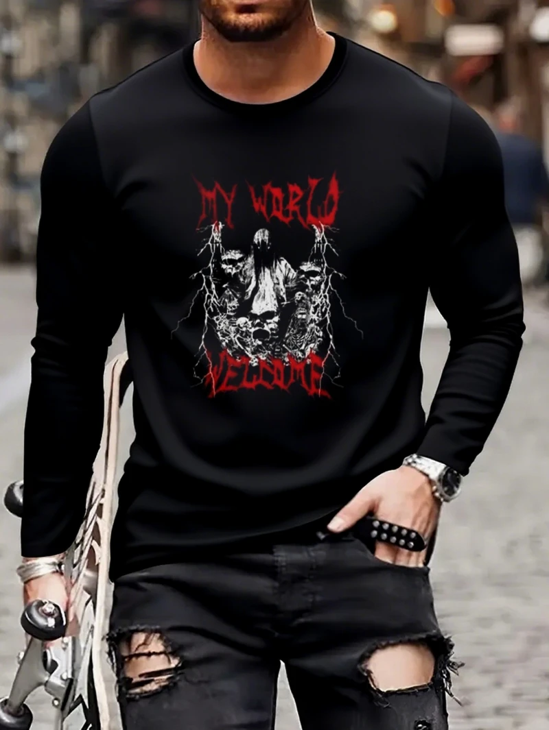

Mens Heavyweight 100 Cotton Long Sleeve T Shirt Gothic 2025 Autumn Winter Round-neck Hoodie Is for Both Men and Women Top
