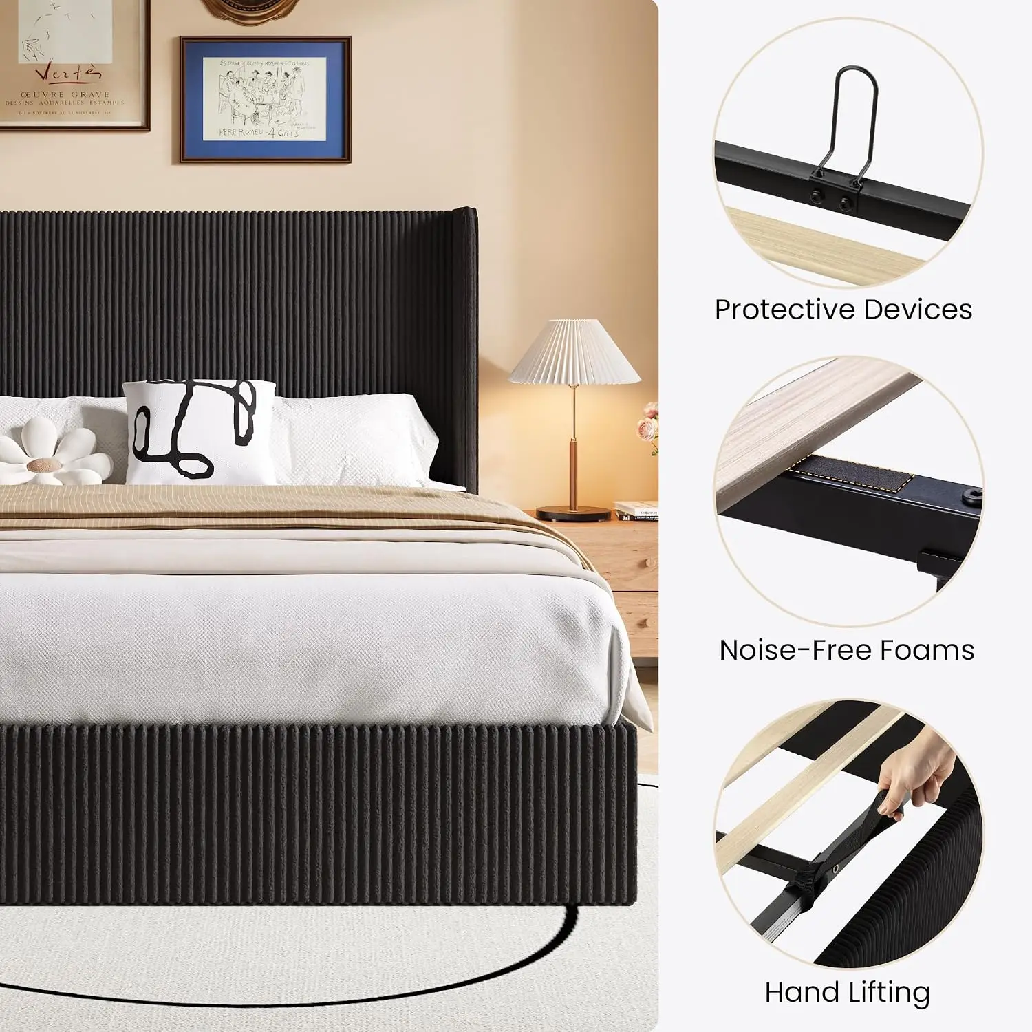 Queen Size Lift Up Storage Bed Frame, Modern Upholstered Wingback Headboard, Hydraulic Support & Underneath Storage, Customized