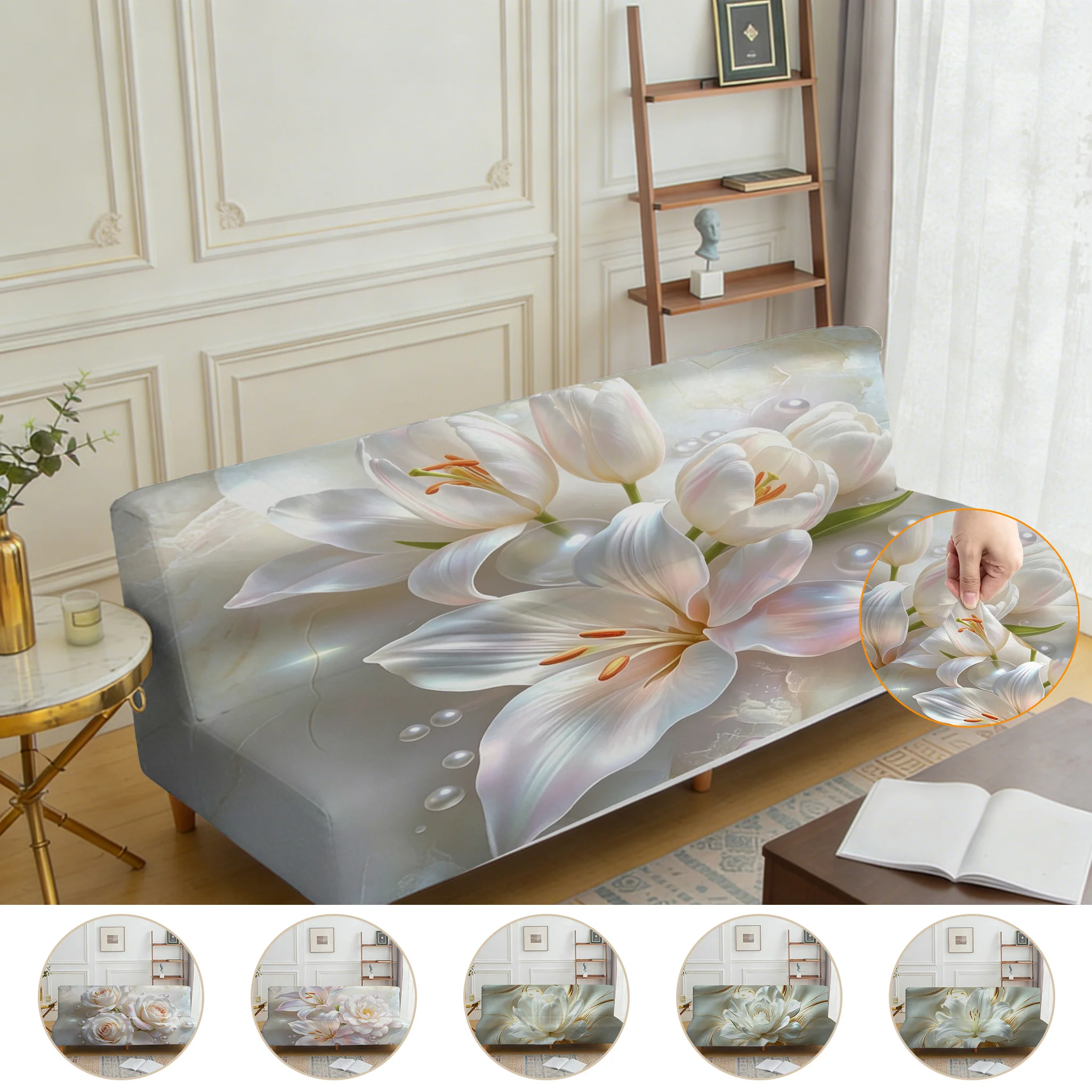 Armrest-free elastic sofa bed cover, light luxury white flower print pattern, dust-proof machine-washable sofa bed cover