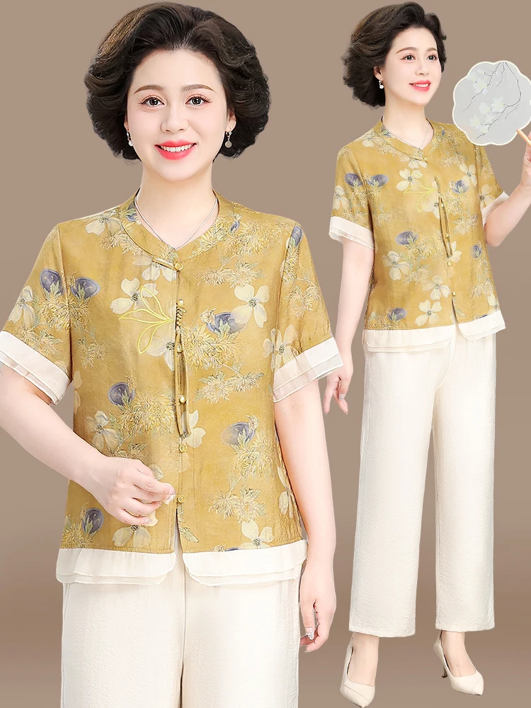 

Новая китайская летняя одежда из хлопка и льна: модный свободный топ с коротким рукавом для мам среднего и старшего возраста