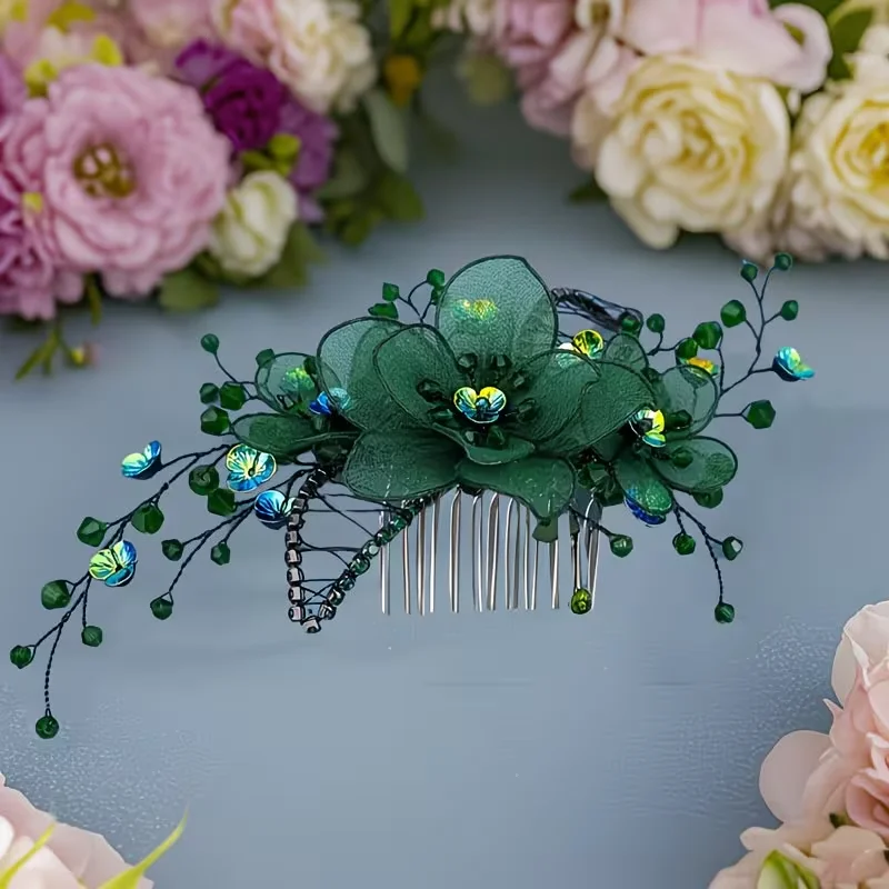Handcrafted Emerald Organza Flower & Butterfly Hair Clip image 4