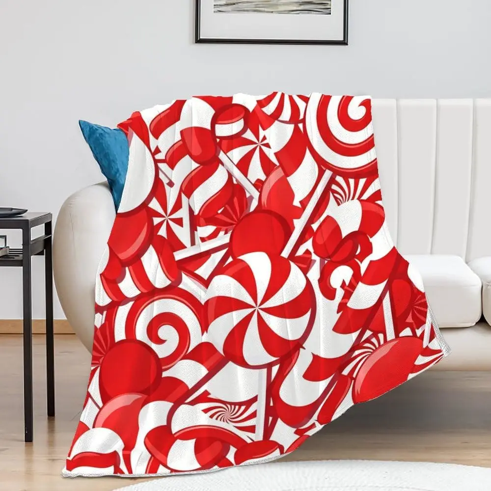 Christmas Peppermint Candy Throw Blanket, Festive Red and White Print Blanket for Holiday Home Decor