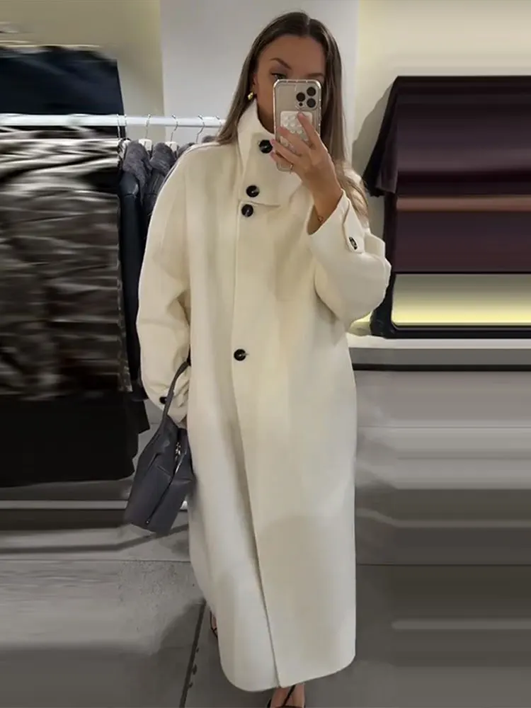 Manteau Long à col montant pour femme, élégant, rétro, Chic, ample, simple boutonnage, manteaux en Tweed blanc, pardessus de rue décontracté, hiver 2025