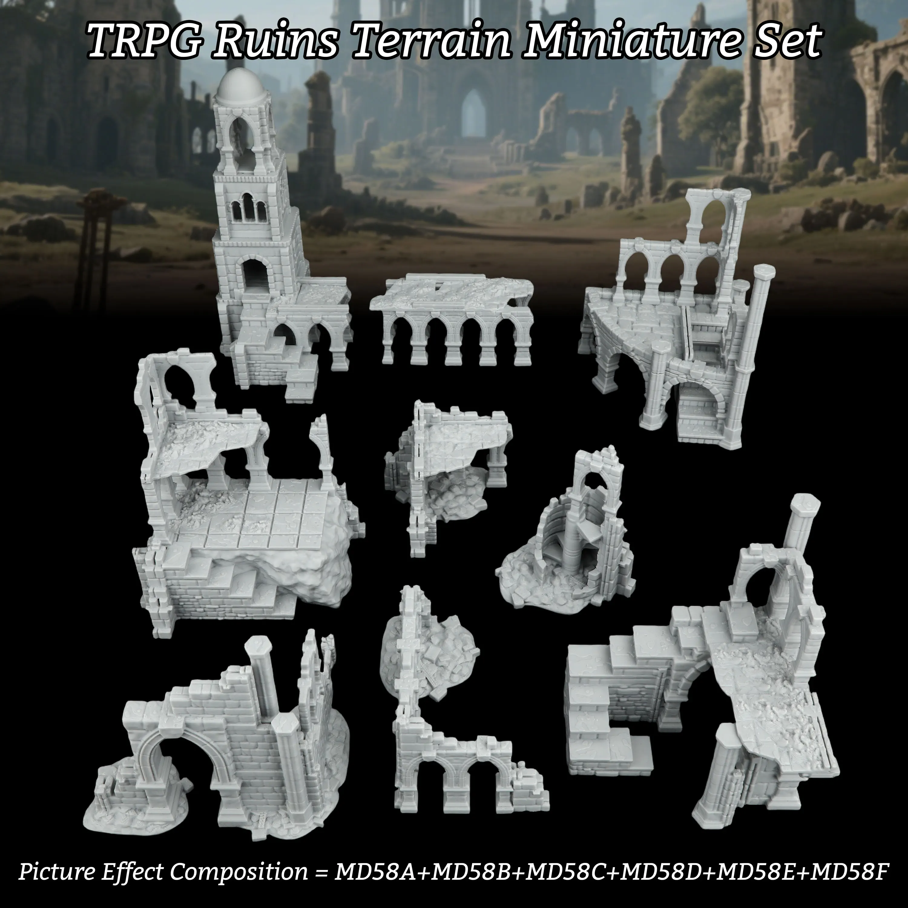 Fantasy Ruins Terrain Miniatures, Six Optional TTRPG Designs with Towers and Arches for Tabletop Games and Dioramas