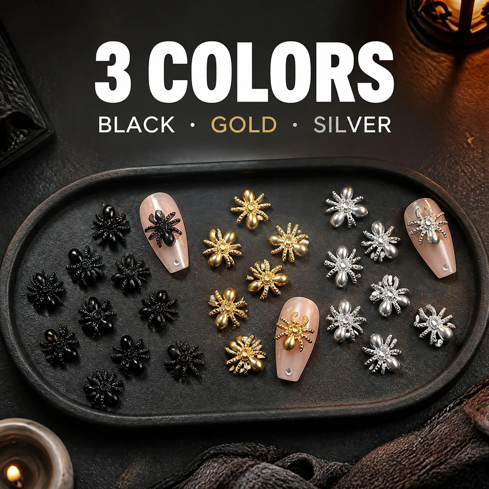 50 Stück 3D Spinnen-Nagelcharms aus Harz in Schwarz, Gold und Silber, Vintage Halloween Strass-Accessoires im Gothic-Stil für DIY-Projekte – Detail 2