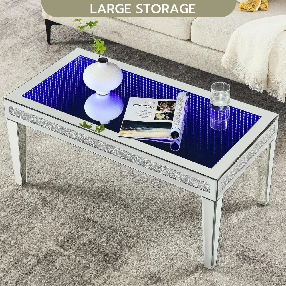 Mirrored Coffee Table with LED Lasagna Lights, Glass Rectangle Coffee Tea Table with Crushed Diamond