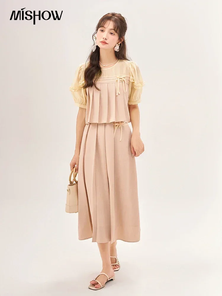 MISHOW Chinese Style Blouse Skirt Separately 2023 Summer Temperament Sweet Bow Puff Sleeve Top Front Pleated Skirt MXC38X0065