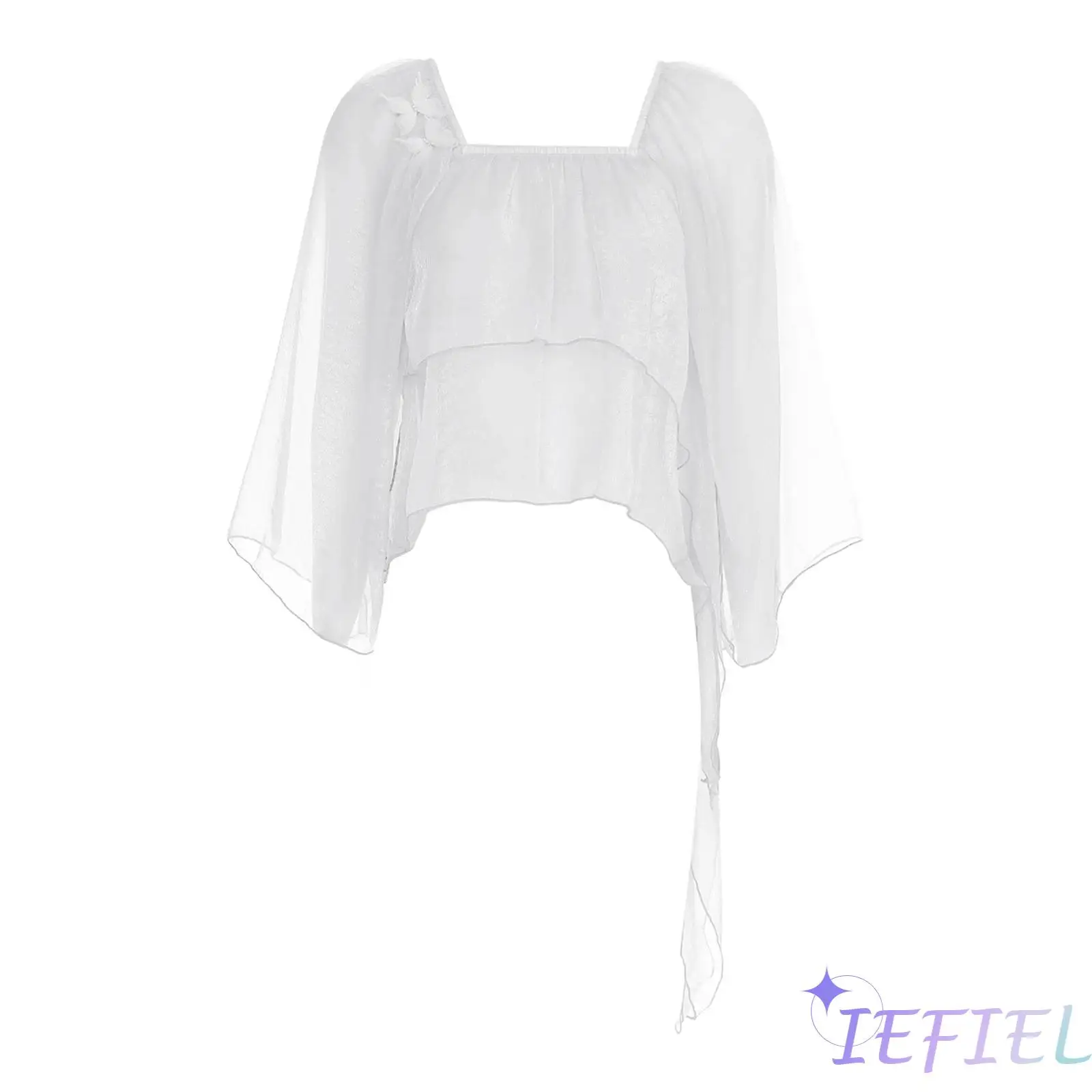 

Women Traditional Style Sheer Modern Dance Tops Butterfly Brooches Flared Sleeve Cover Up Blouse Classical Lyrical Dance Costume