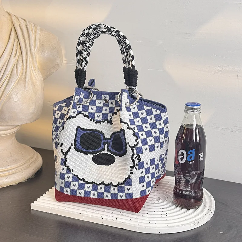 Sunglasses and Puppy-Themed Knitted Handbag, High-Quality Eco-Friendly Gift Bag, Multifunctional Large-Capacity Tote Bag, Suitable for Gifting to Family, Friends, Classmates, Holiday Shopping, Fashionable Handbag, Daily Casual Outing, Carrying Essentials, Women's Bag