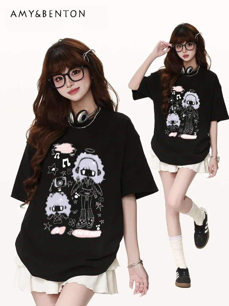 

New Summer Japanese Style Women Cartoon Figure Print Loose Slim Round Neck Short Sleeve Gray Blue White Black Red T-shirt