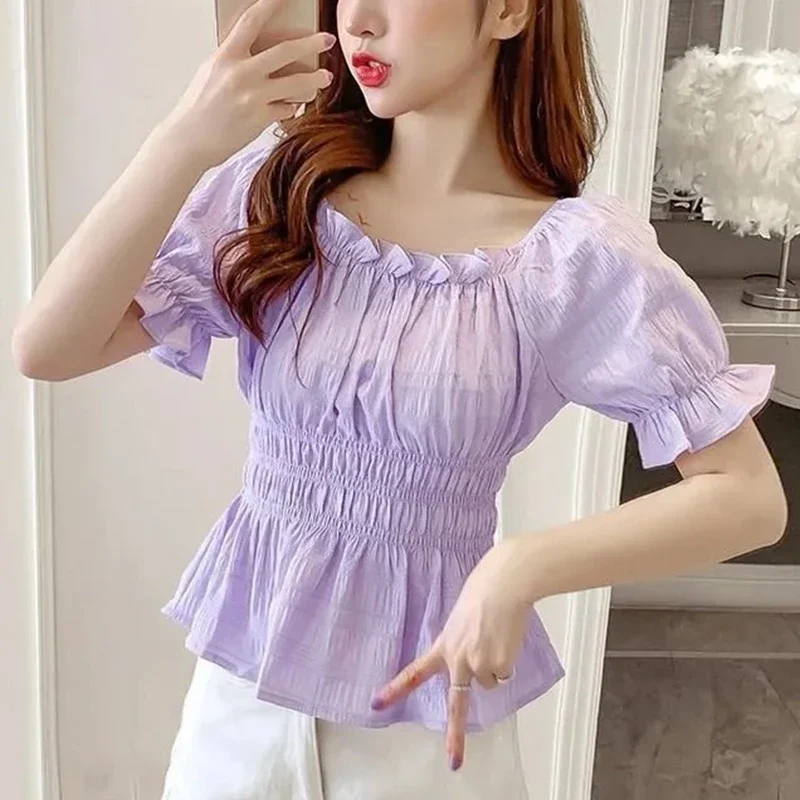 Vintage Summer Chiffon Blouses 2024 Fashion Off Shoulder Ruffles Casual Blusas Mujer Slim Purple Corset Puff Sleeve White Tops