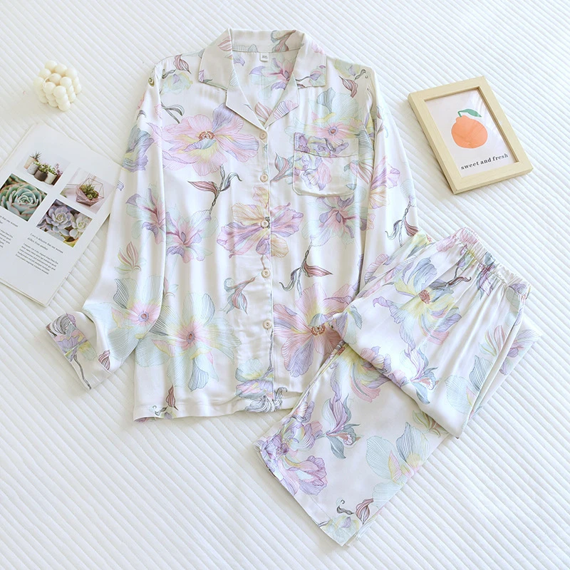 

2-Piece Women's Pajama Set, Chinese Style Silky Sleepwear, Viscose Sateen Button-Down Collar Long Sleeve & Long Pants, Lightweig