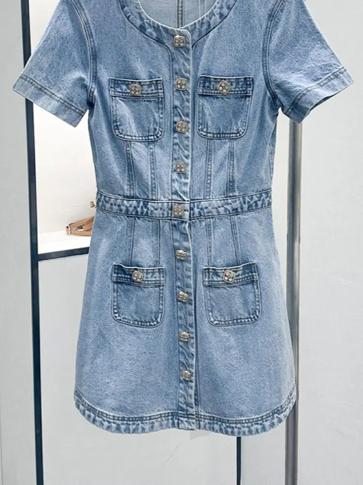 

Women Denim Mini Robe Colorful Buttons O-Neck Short Sleeve Casual Summer 2024 Dress