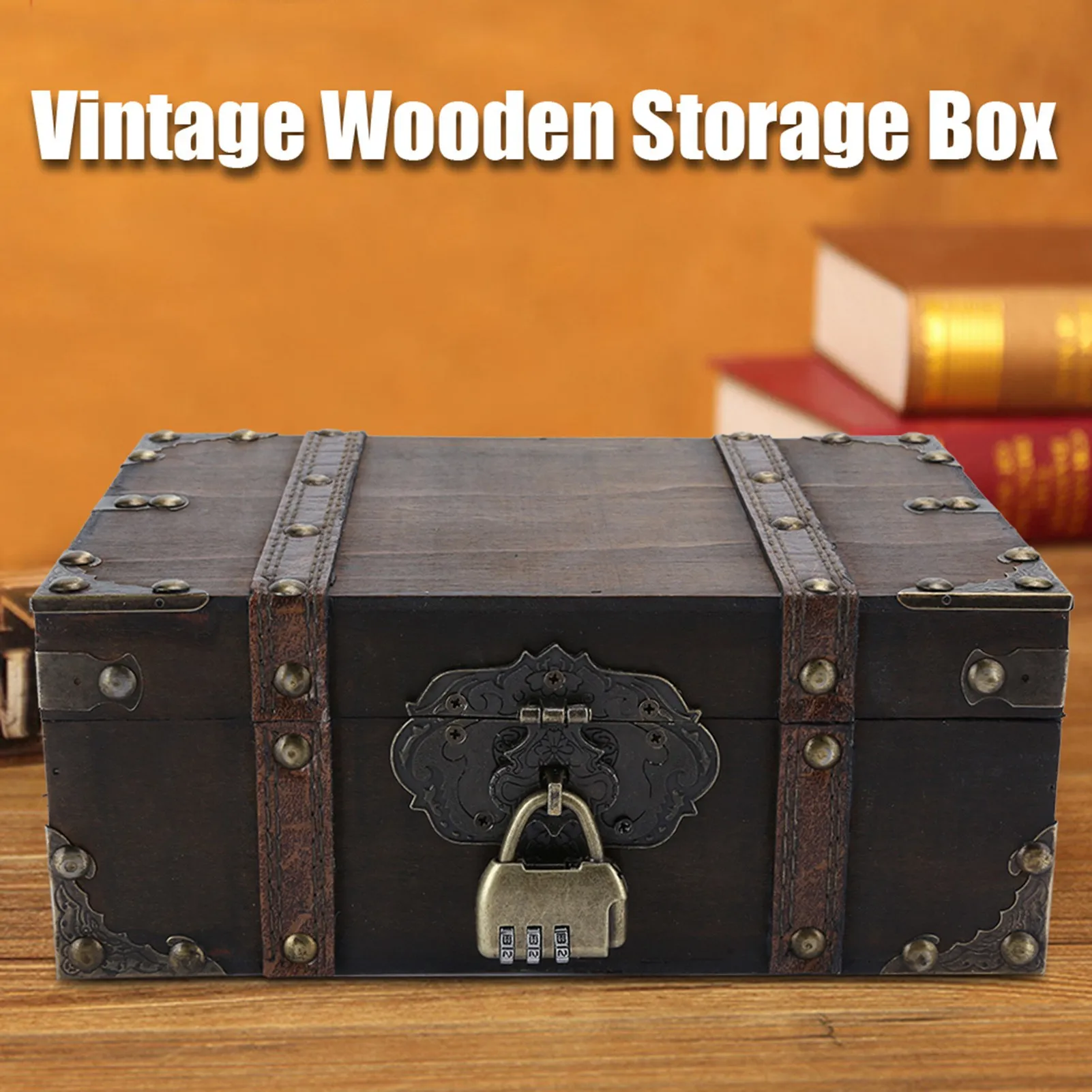 Vintage Wooden Storage Box Decorative Treasure Jewelry Chest with Lock Home Decoration(62822302GK10 Grey Lock )