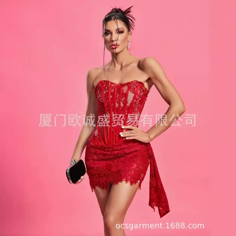 European and American Spring New Women's Lace Design Tube Top Backless Lace Ribbon Elegant Dress