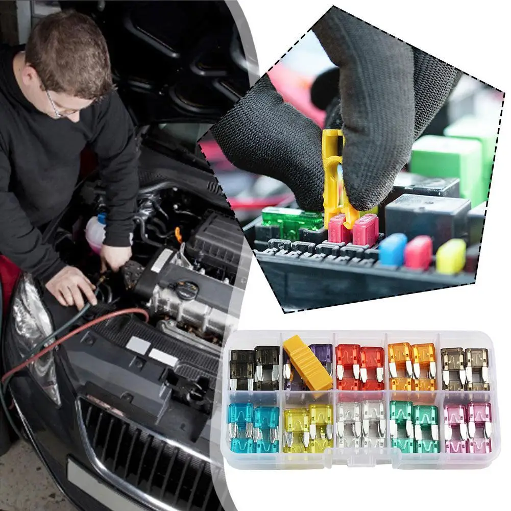 Universal Car Blade Fuse Assortment Kit Mixed Mini Small & Medium Size Automotive Fuses Color-Coded Storage Box & Puller Tool