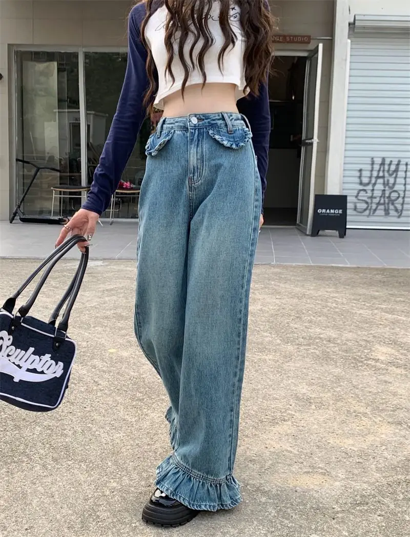 Flare Jeans Ruffles vita alta donna Baggy Washed Vintage Harajuku Streetwear Retro Denim Floor Mopping Pants