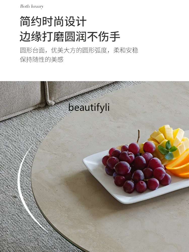 Solid Wood Coffee Table French Cream Style Italian Walnut Cave Stone Stone Plate round Tea Table