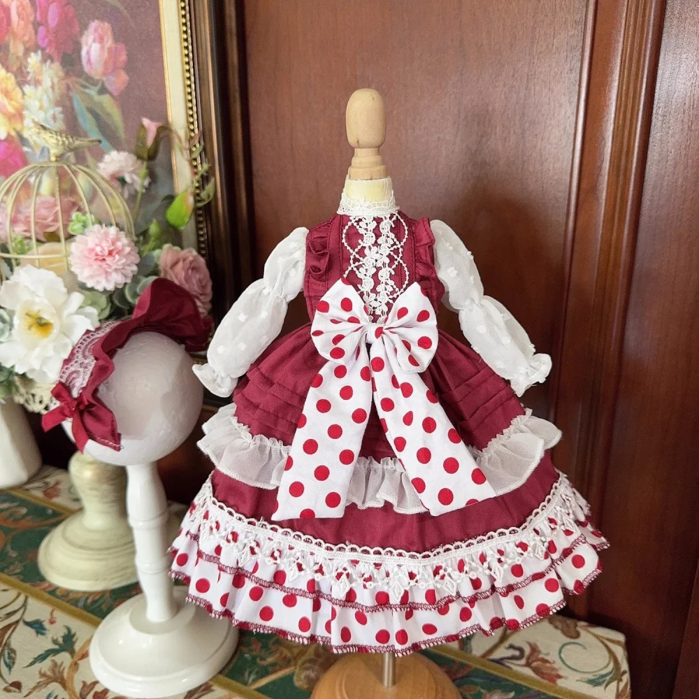 

bjd Doll clothes fit into 1/6 1/4 1/3 Blythe size polka dot long sleeve lace dress 2 colors into doll accessories