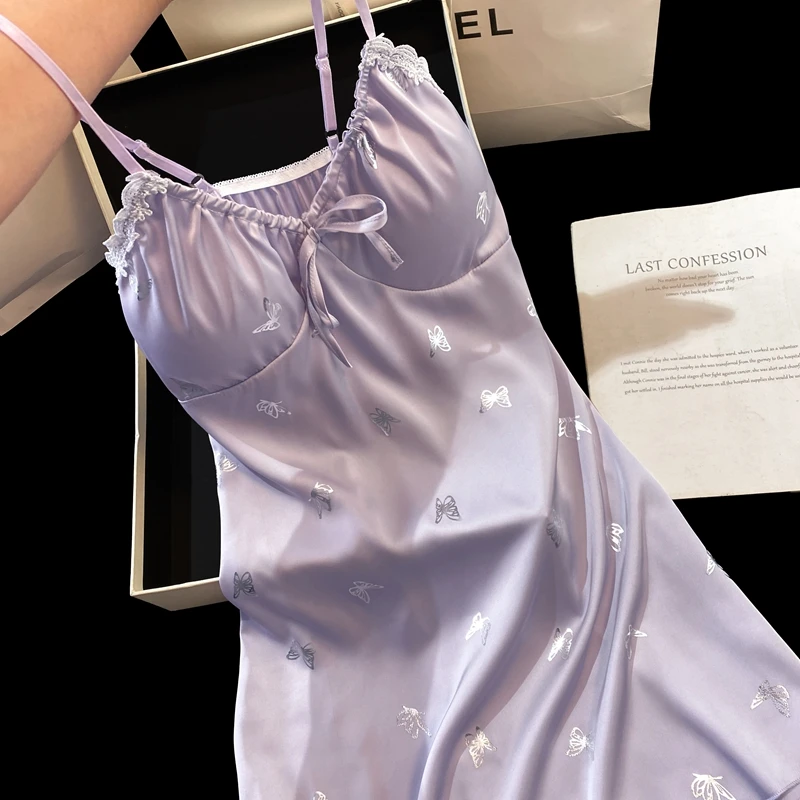 DAIMELU suspender nightgown women's summer sexy V tie chest pad butterfly Ipajamas celebrity sleepwear ice silk nightgown female