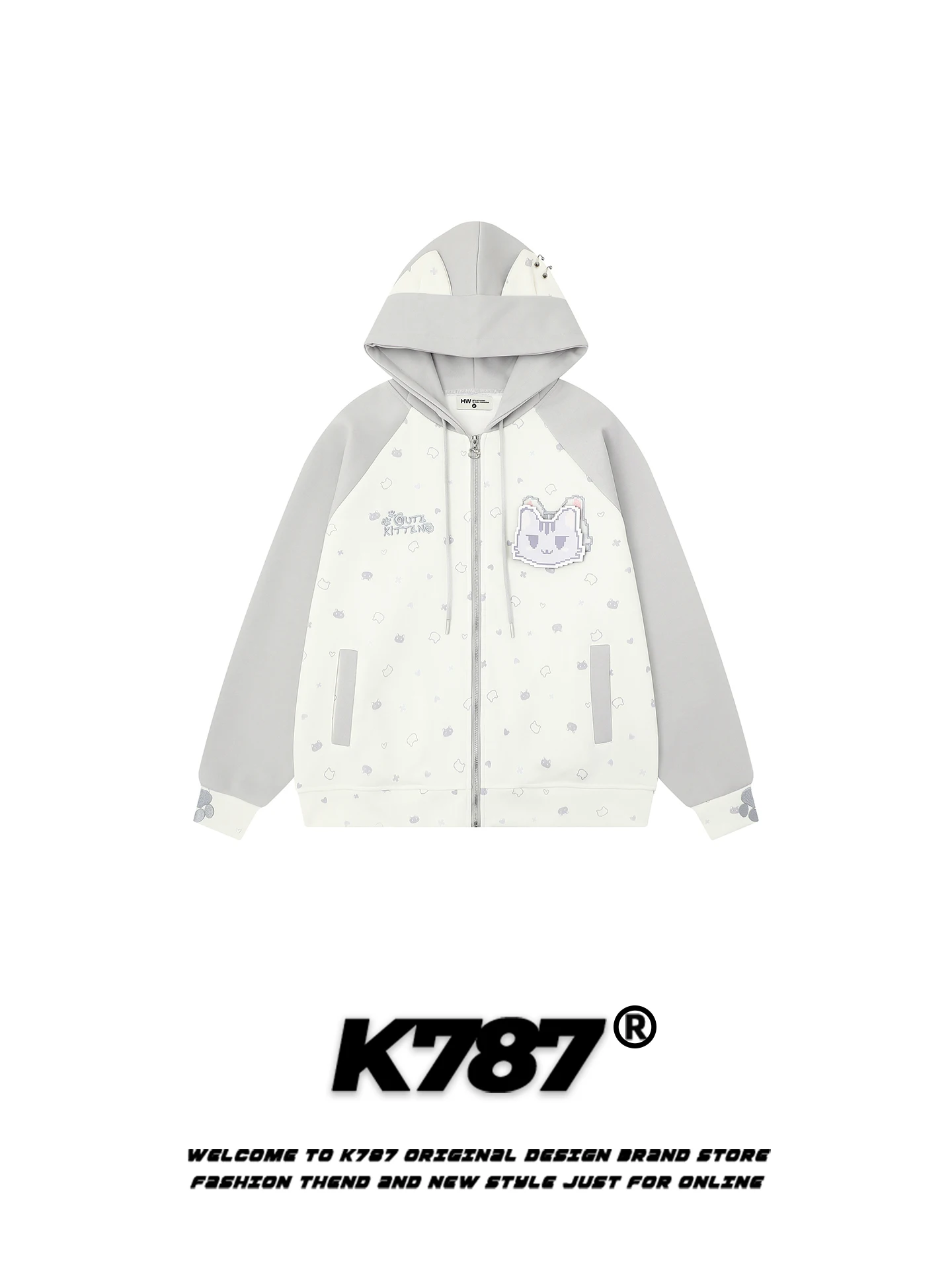 

Куртка-худи K787 в американском стиле, повседневная, милая, с ушками, свободного кроя, на молнии, молодежная, с длинными рукавами, из смесового хлопка и полиэстера