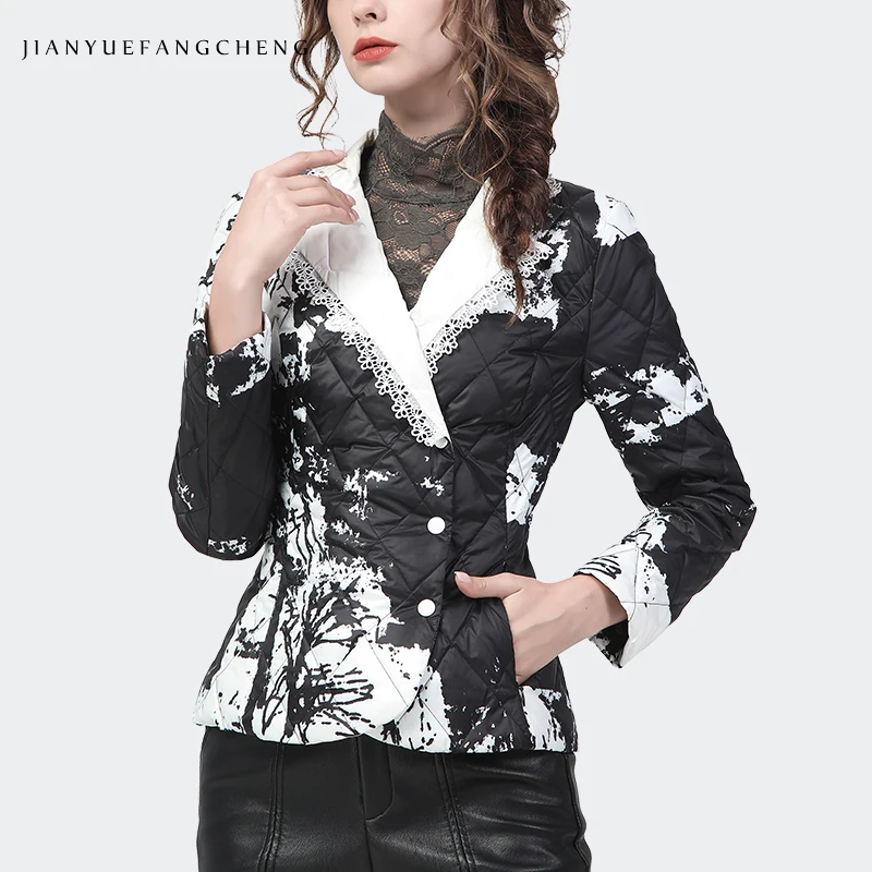 Fashion Black-White Print Women\' Down Jacket 2022 Winter Slimming Short Warm White Duck Down Padded Puffer Coat Suit Collar Tops