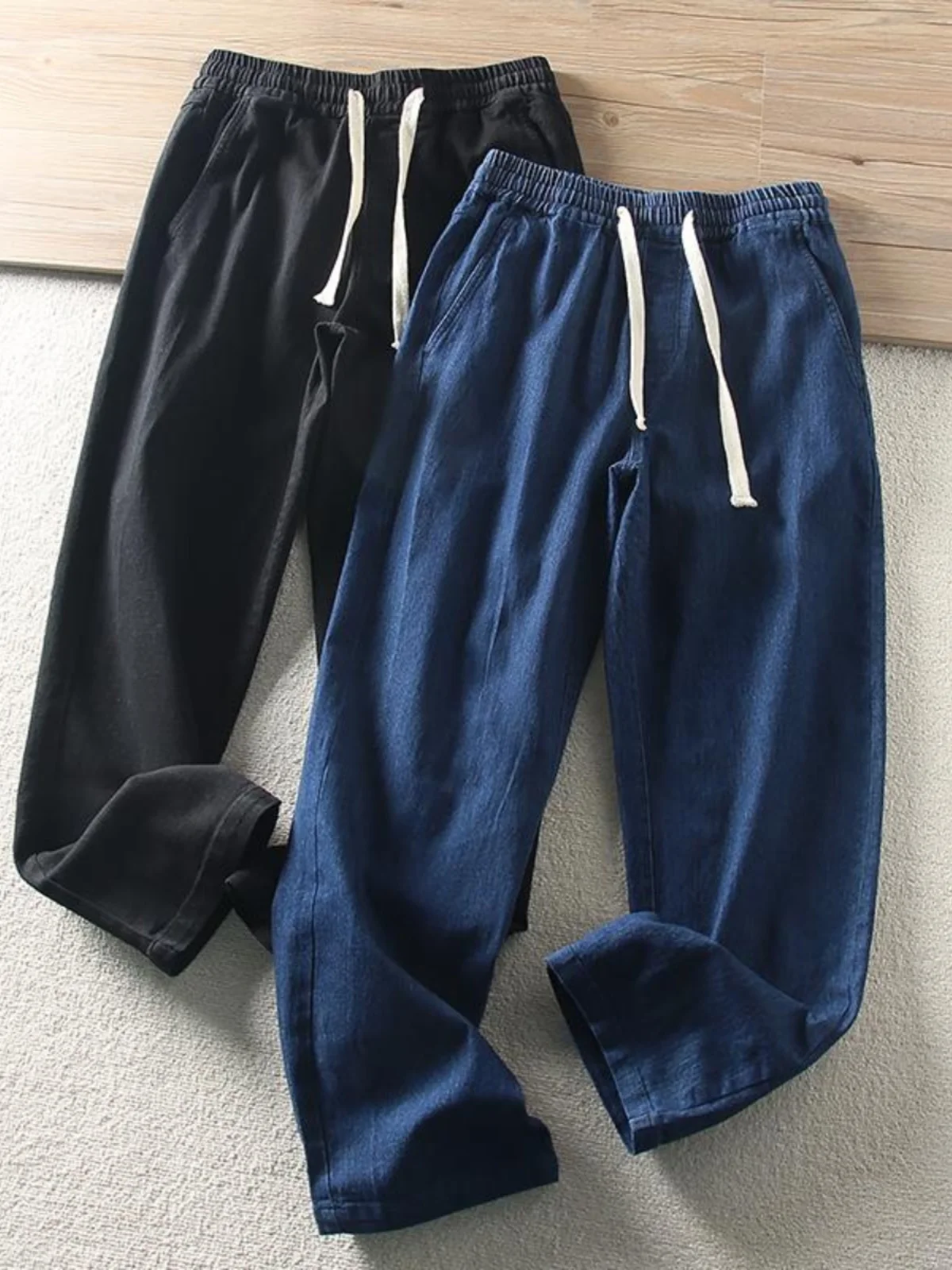 

Spring Autumn Pure Color Waed Dstring Jeans Loose Men's Casual Straight Leg Pants Elastic Waist Wide Leg Long Trousers