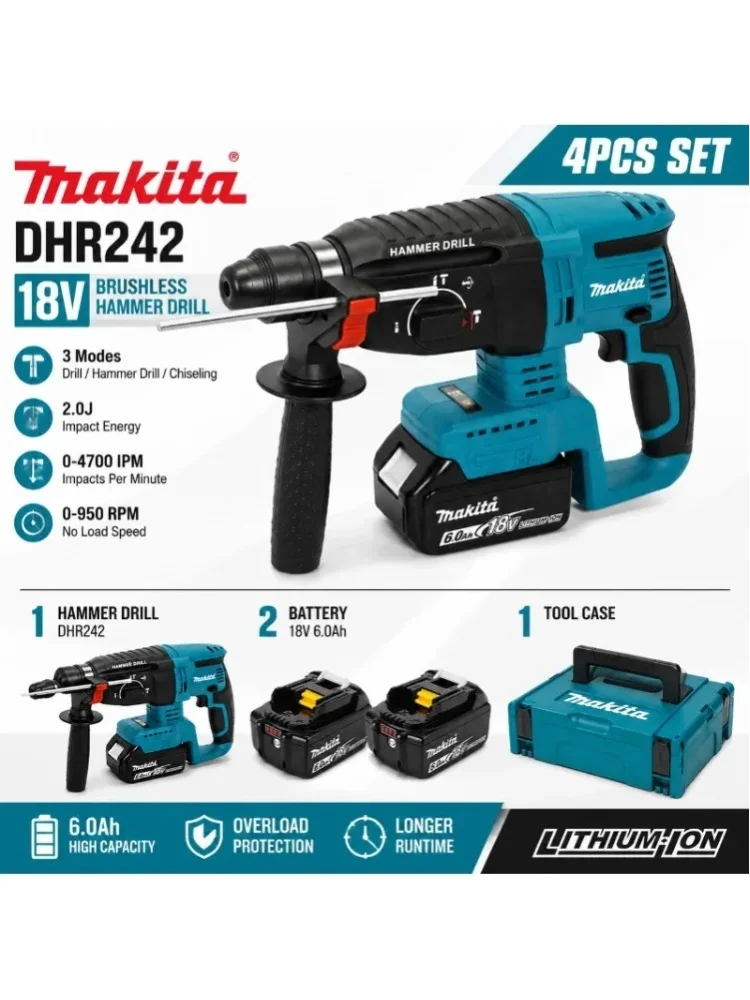Original Makita DHR242 Elektrischer Bohrhammer, 18V Bürstenloser Akku-Bohrer, 24mm Betonanwendung, 4700 IPM, 3-Modus-Umschaltbarer Profi-Hammer, 18V 6Ah Akku