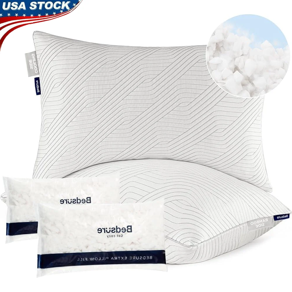 

Adjustable Cooling Shredded Memory Foam Pillows Set of 2 Optimal Support Reversible Skin-friendly Restful Sleep Easy Care