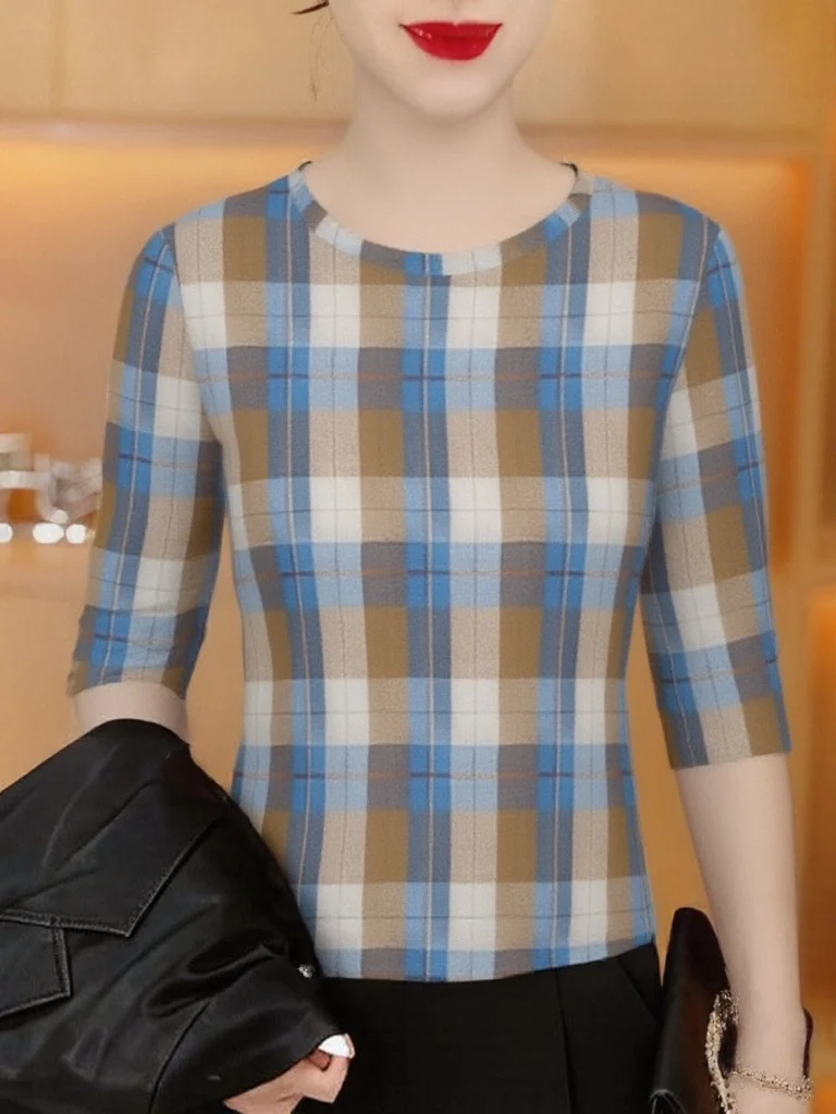 

Slim Fit Plaid Long Sleeve round Neck Women's Top Fashionable Elegant Versatile Breathable Polyester Fiber Casual T-shirt