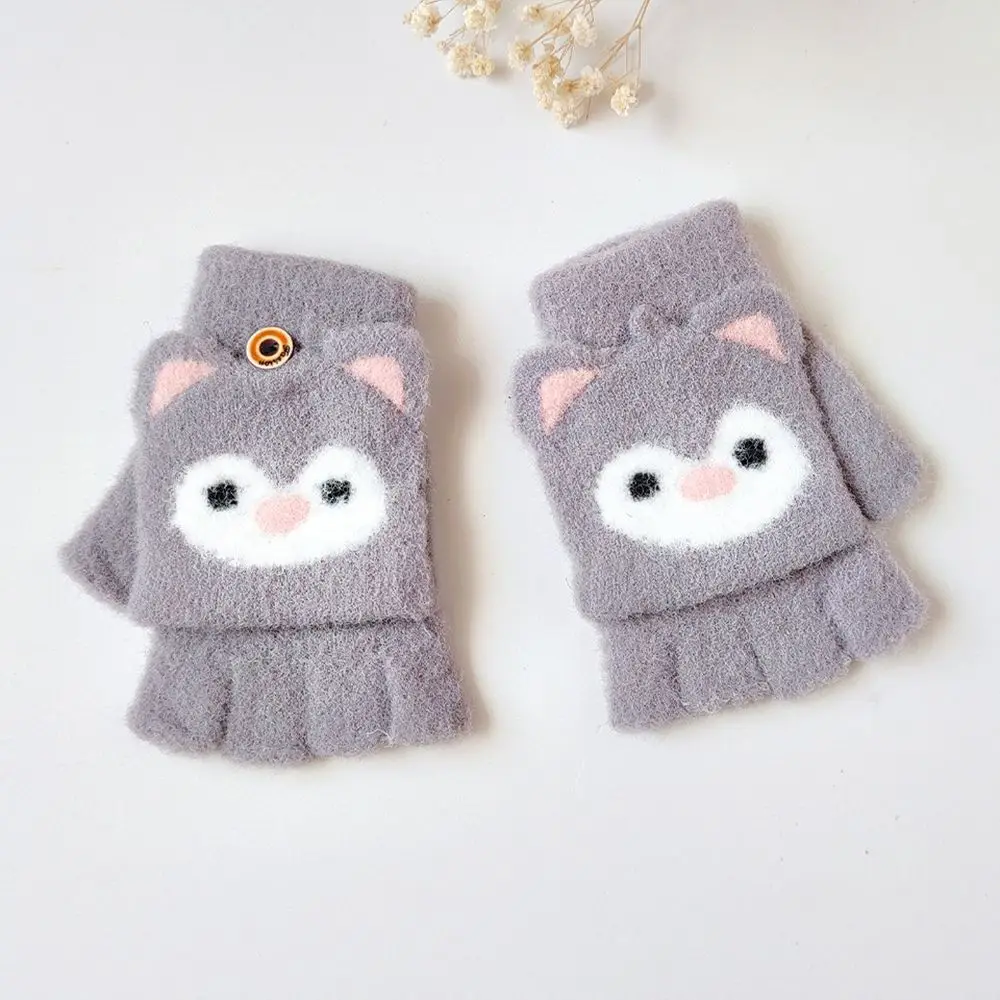 

Thick Warm For Bear Shape Fingerless Cat Ear Korean Knitted Mittens Flip Cover Gloves Half Finger Gloves Children Gloves