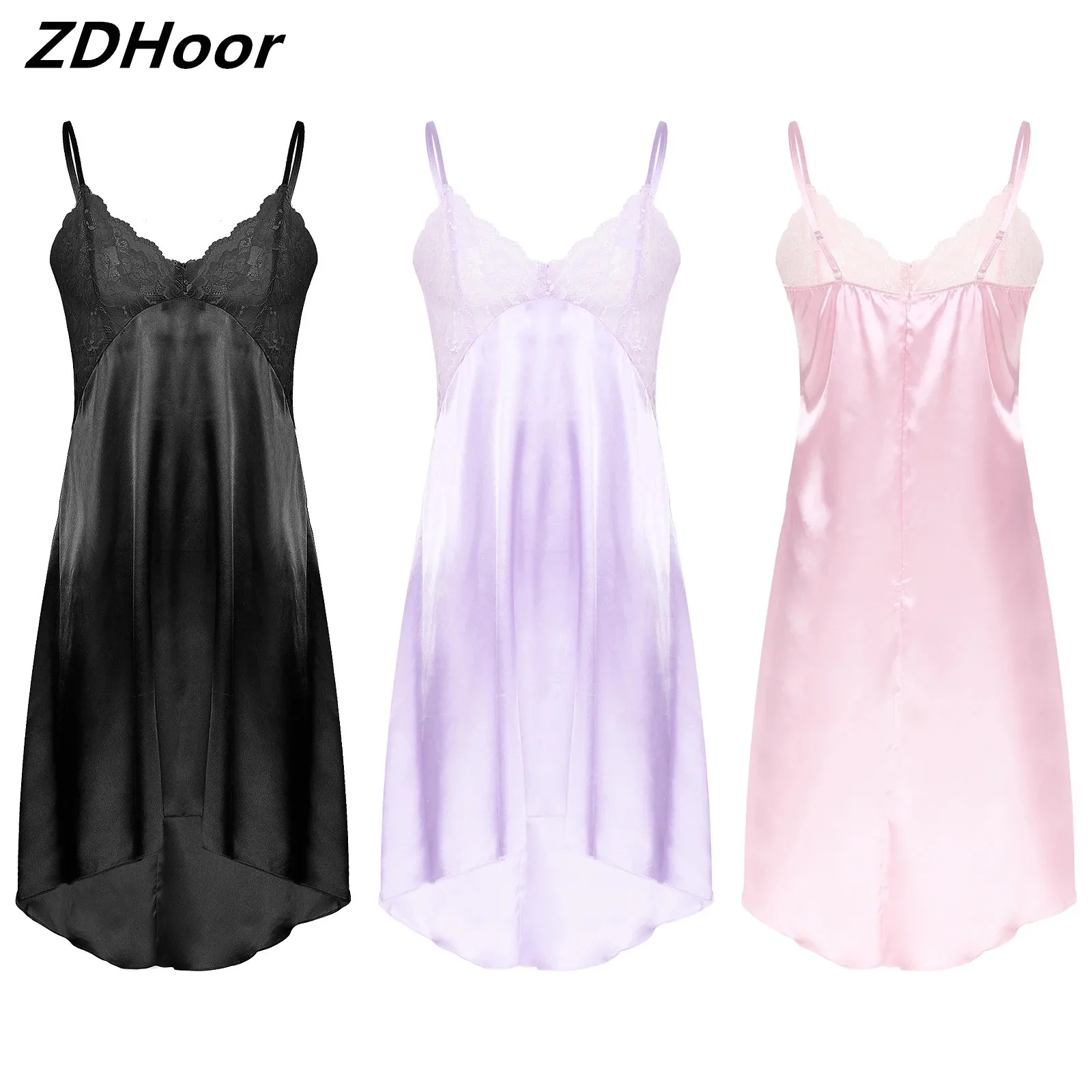 Sexy Mens Sissy Lingerie Sheer Lace Satin Crossdresser Nightwear Nightdress Adjustable Spaghetti Straps Dress Sleepwear Clubwear