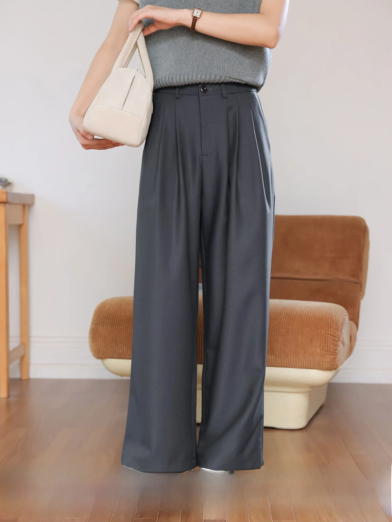 

Loose Casual Pants Women's Autumn Spring Khaki Straight Leg Suit Pants Comfortable Commute Style High Waist Button Polyester ...