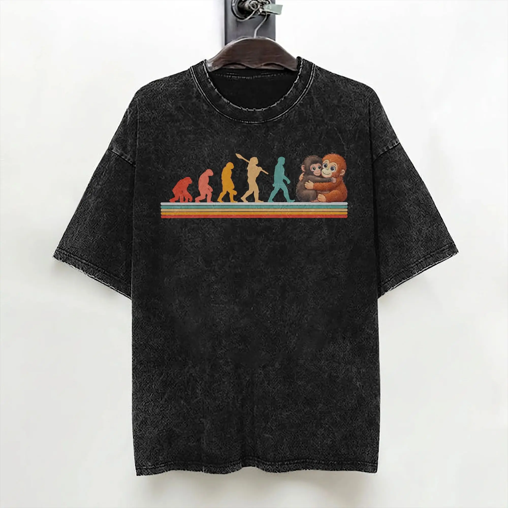 Funny Evolution Hugging Monkey Punch Primate Science T Shirt Washed Cotton T-Shirts Men Women Streetwear Printed Tee Shirt