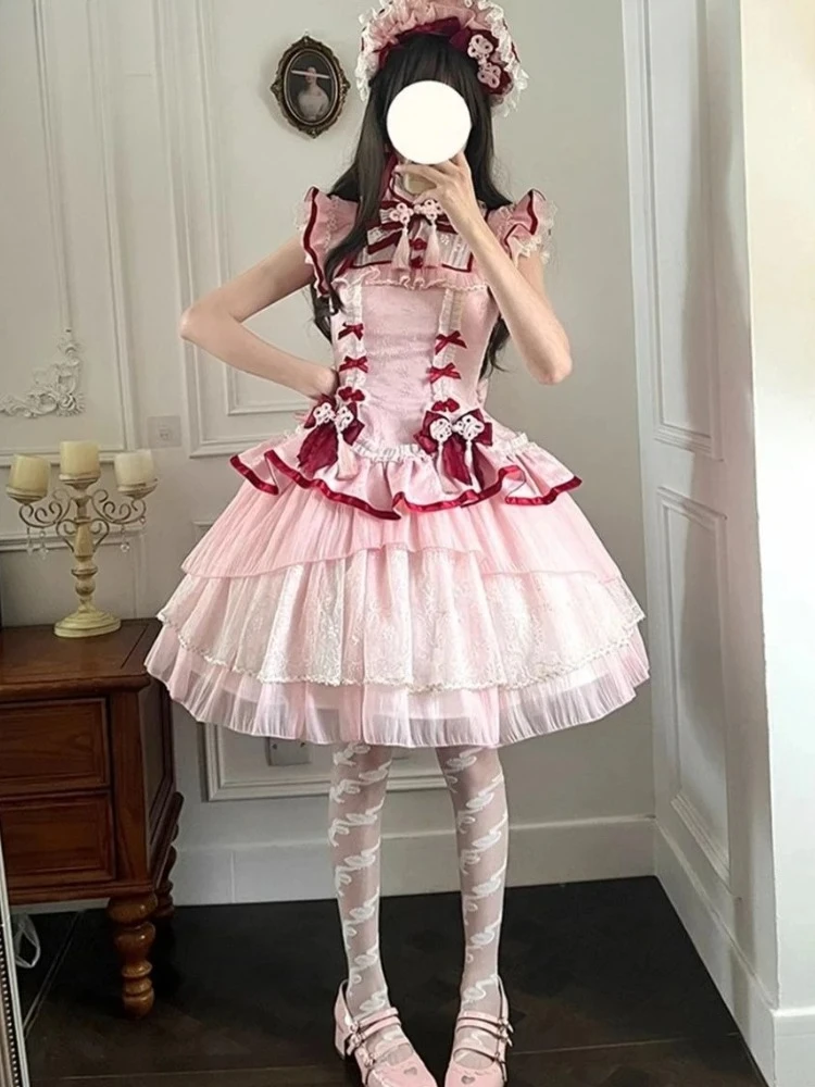 Y2k Bow Retro Birthday Party Dress Japanese Sweet Kawaii Lolita Elegant Princess Dress  Female Korea Fashion Chic Outfits 2025