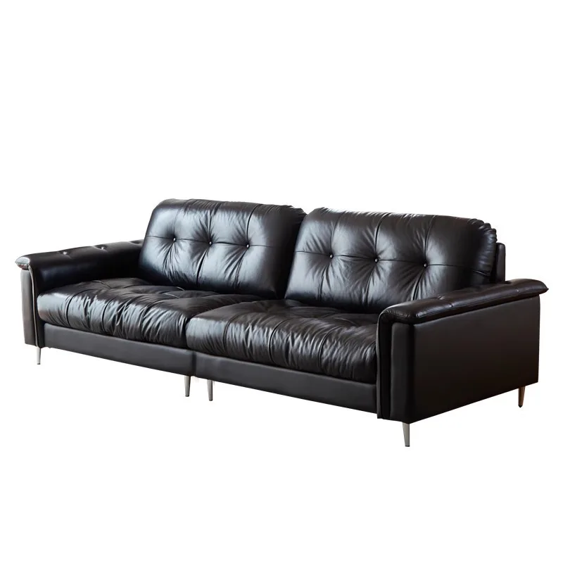 

Modern minimalist black leather sofa retro style living room small apartment straight row three people first layer cowhide