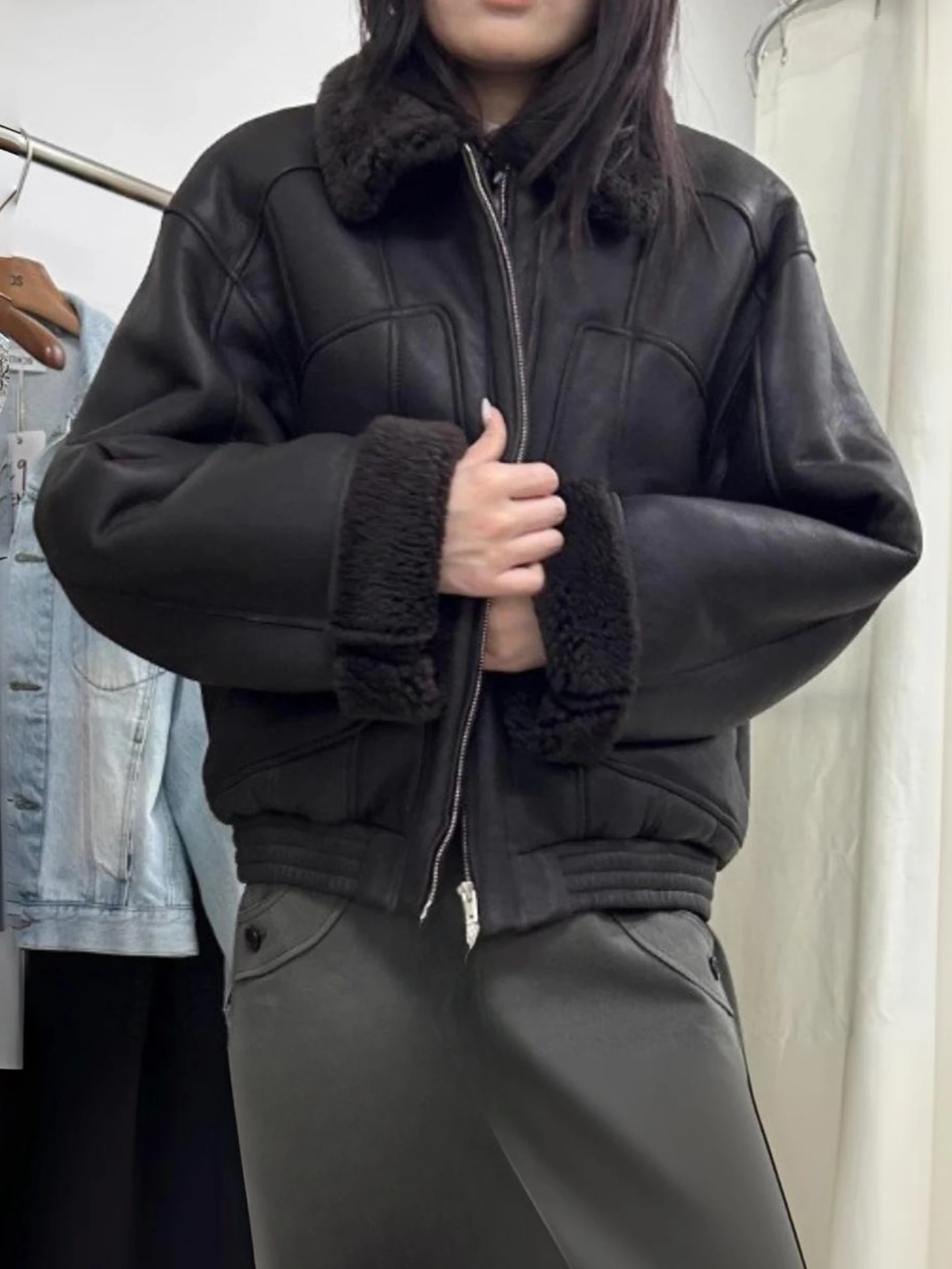 Bla ファーカラー レザー ジャケット レディース ジッパー付き 暖かい レトロカラー インテイテッド レザー＆ファー カジュアル ルーズフィット コート