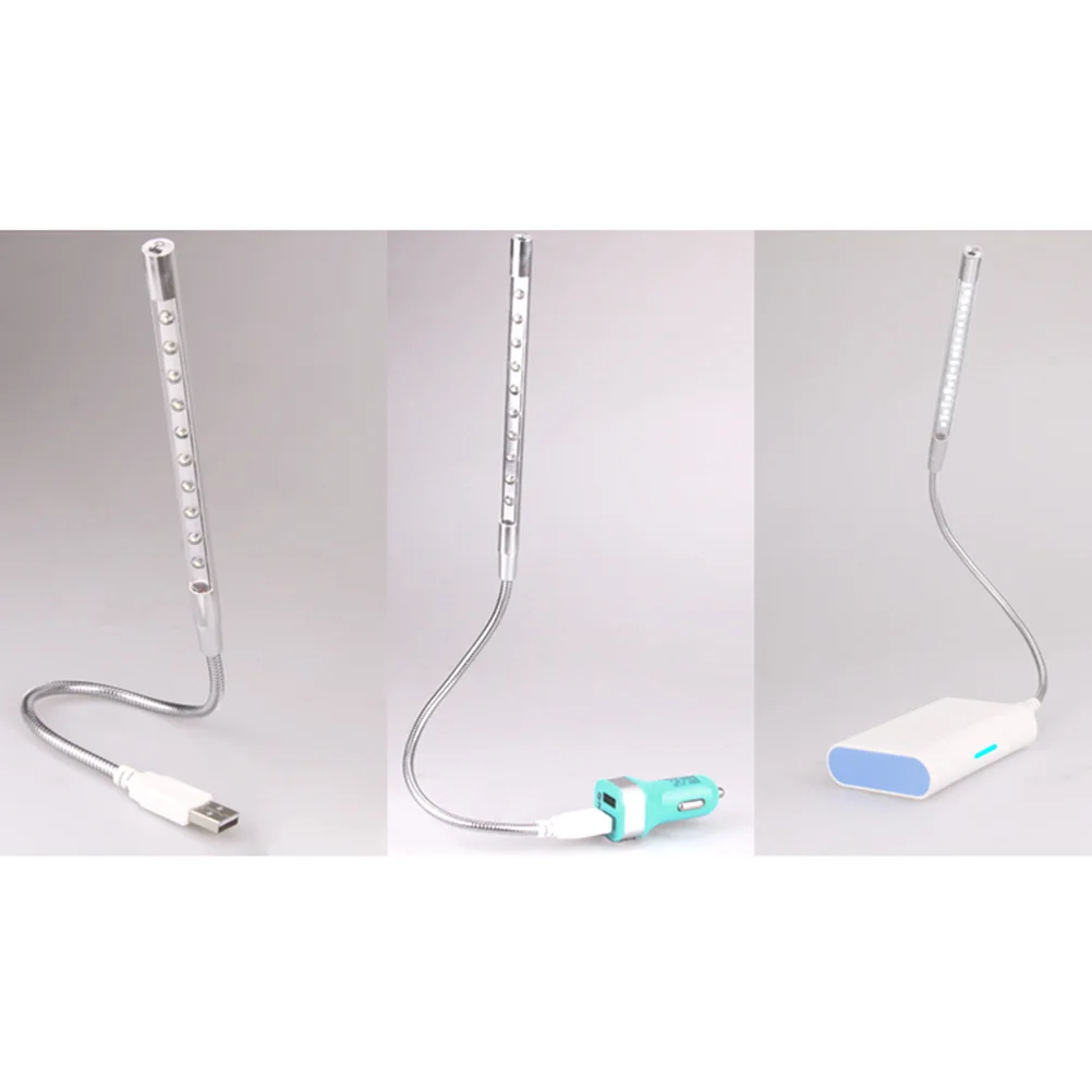 

10 LED USB Night Lamp with Flexible Gooseneck Silver Eye-Protecting Lamp for Desk Bed Camping Reading Portable Light Wand