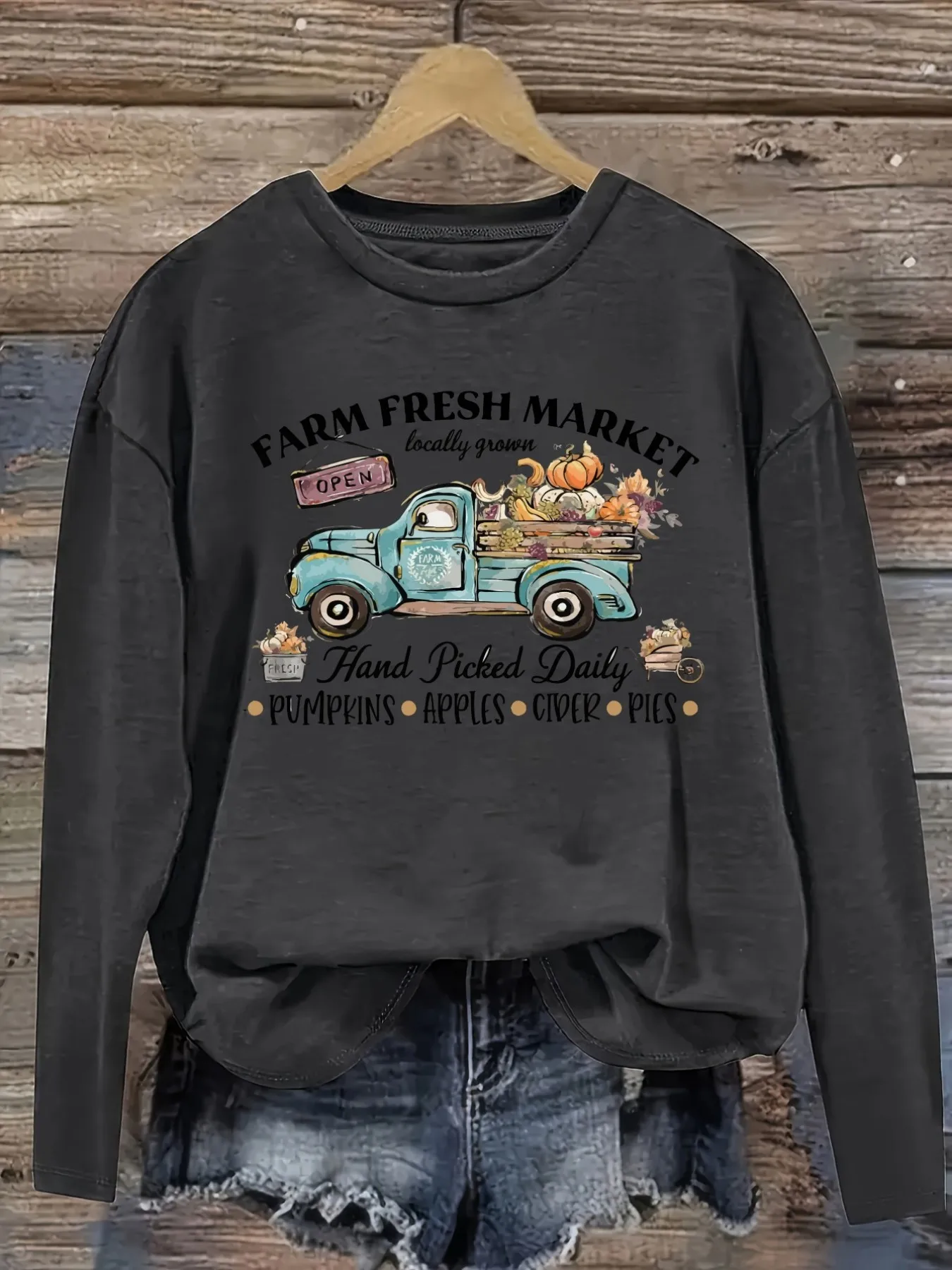 Women's Casual Long Sleeve Crew Neck T-Shirt Farm Fresh Market Truck Design Design, Round Neck Women's Clothing, Machine Washable, Slightly Elastic, Loose Fit, Spring Autumn Winter Women's T-Shirt, Halloween Costume Outfit view 2