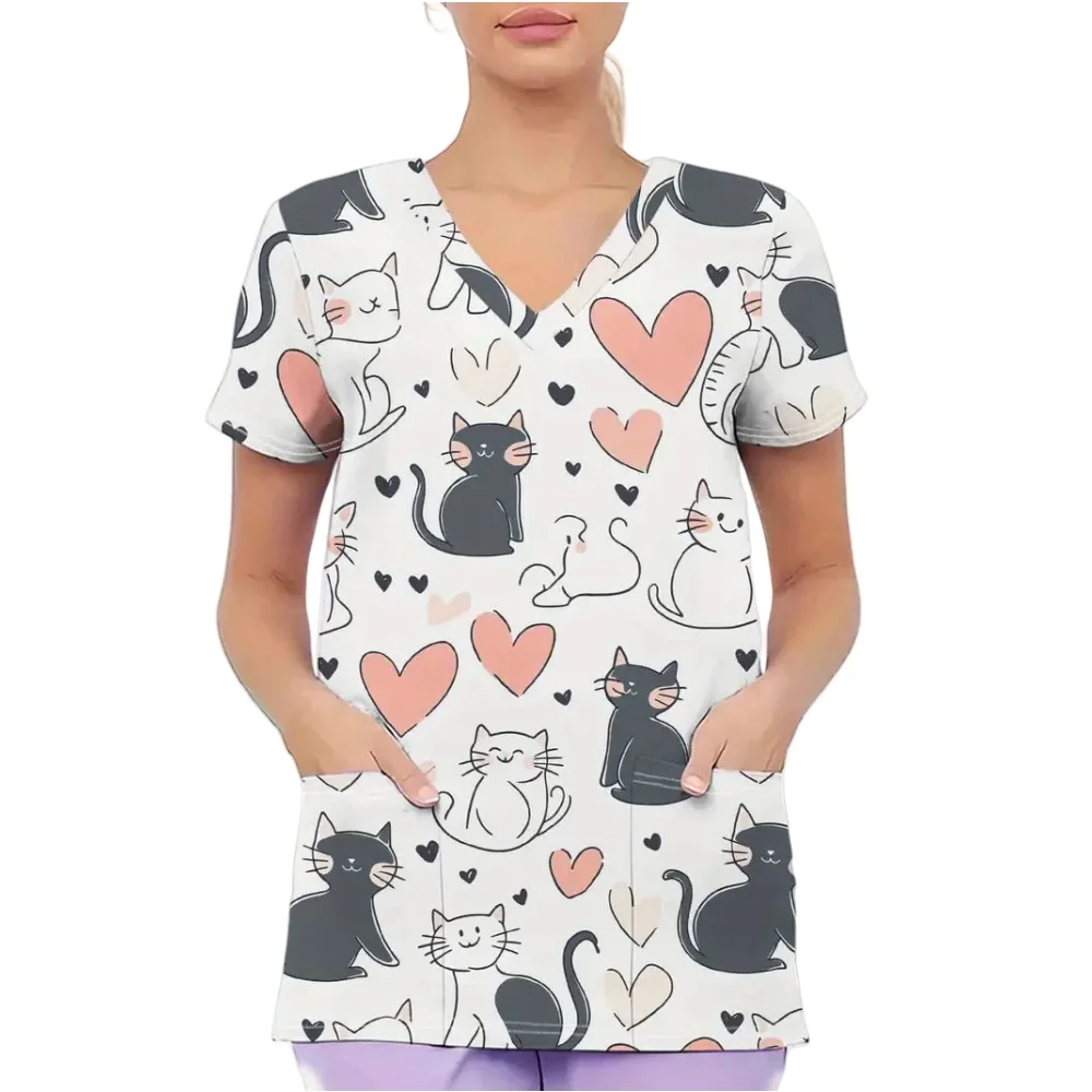 Clinical เครื่องแบบผู้หญิงแมวน่ารักการ์ตูนพิมพ์แฟชั่น Vet กับกระเป๋าพยาบาลฤดูร้อนแขนสั้นเครื่องแบบผ่าตัดผู้หญิง