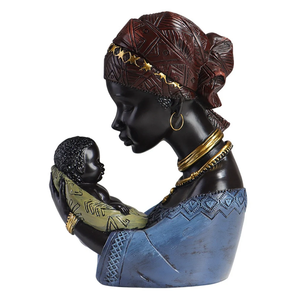 

African Black Mother and Child Statue Ornament Home Decor Model Character Sculpture Craft Home Living Room Office TV Cabinet