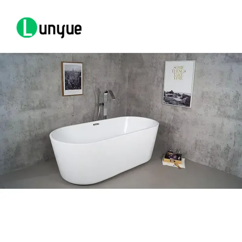 White Glossy Oval Plastic Bathtub 150cm Freestanding Soaking Tub for Modern Bathroom Home Spa Relaxation Durable Easy Clean