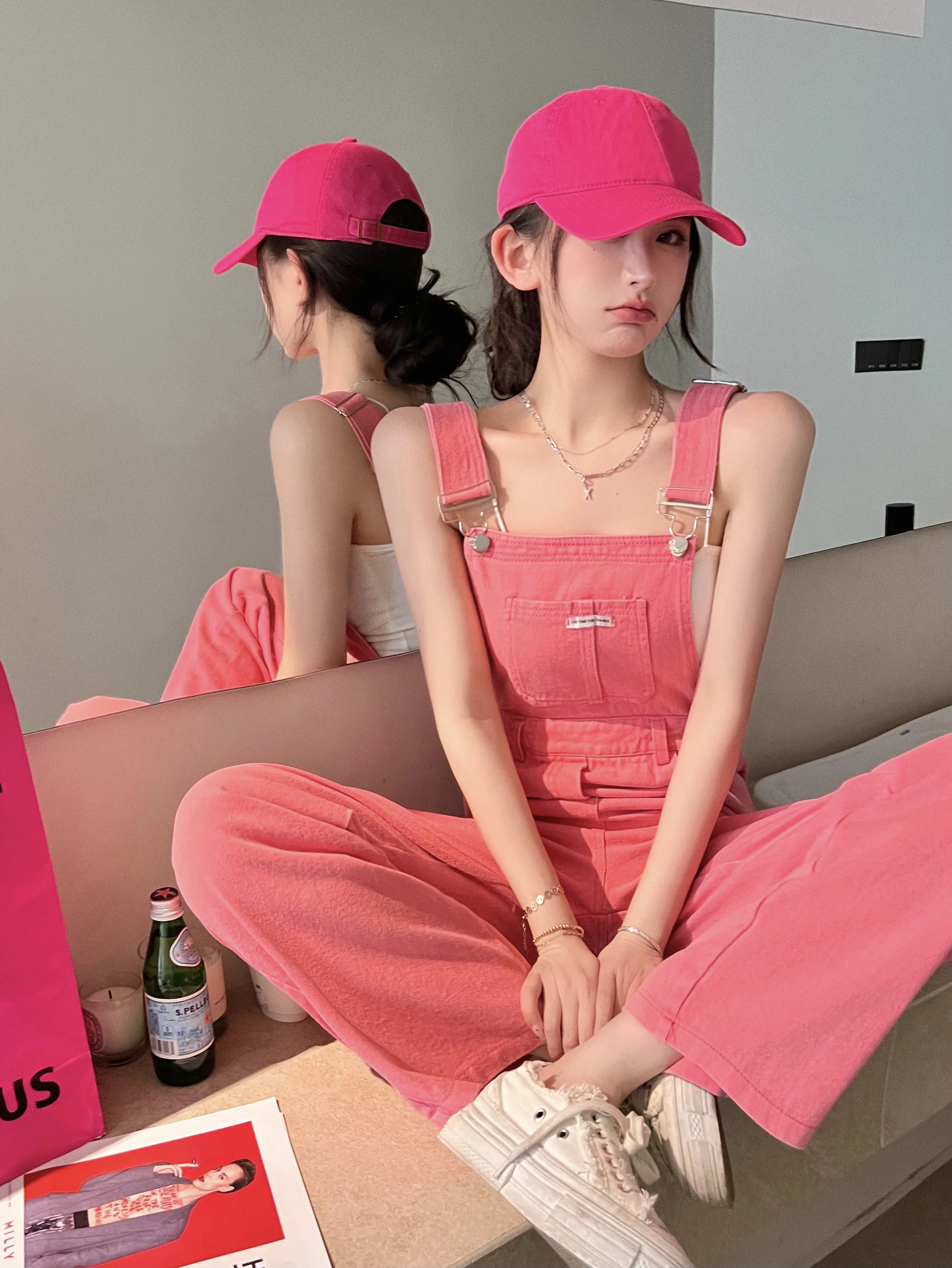 rompers for women Pink Overalls Suspenders Jeans Women's Summer High Waist Loose Wide Leg Long Trousers Female