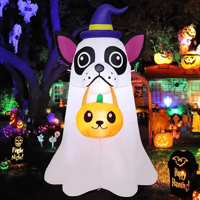 Chien gonflable d'halloween de 5 pieds, décoration extérieure, fantôme de chiot mignon avec LED citrouille pour fête dans le jardin