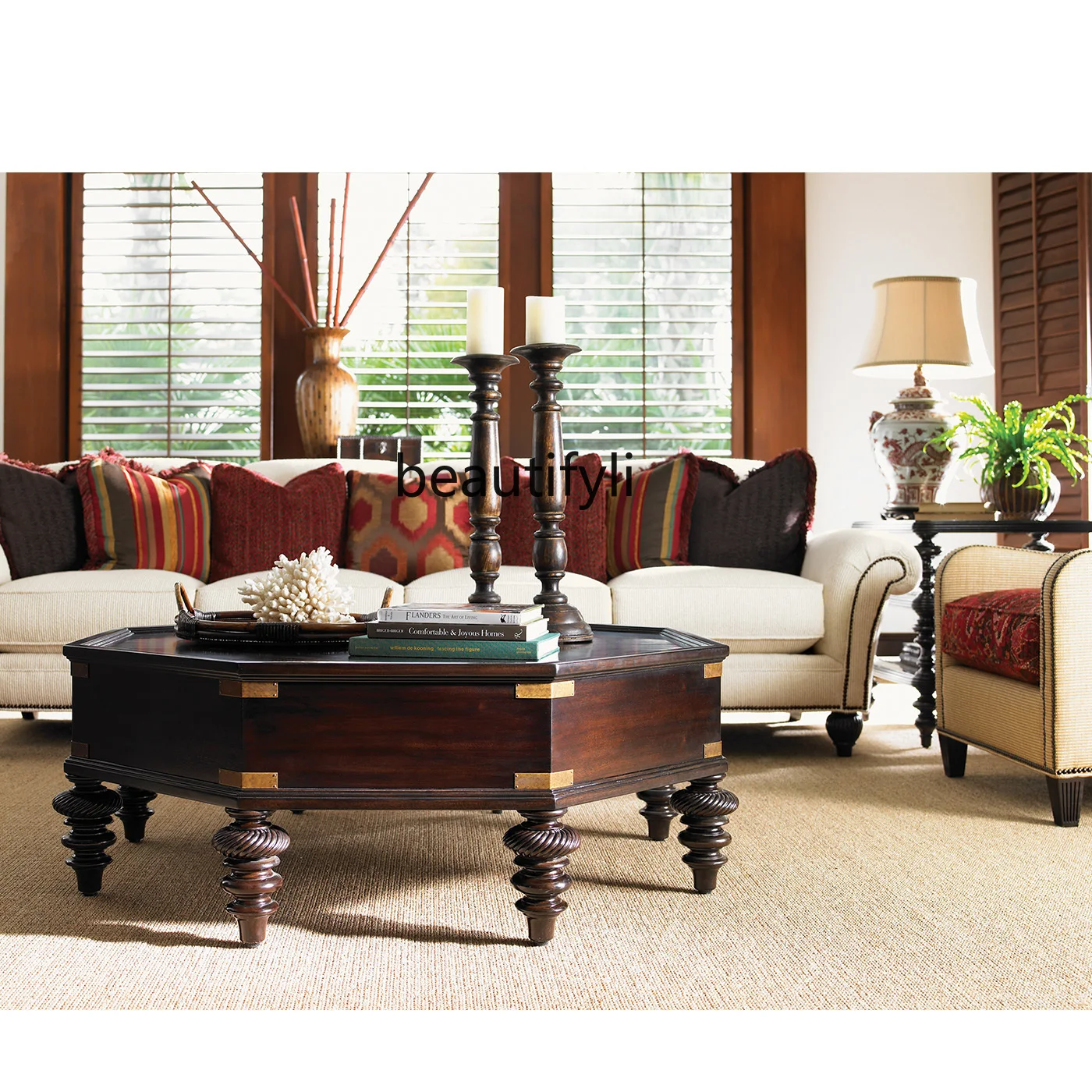 

American Antique Round Coffee Table Modern Octagonal Coffee Table Polygonal Tea Table Solid Wood European Style