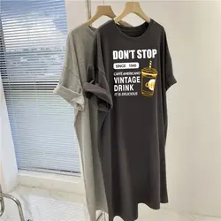 Summer New Print Letter Mid Length T Shirt Tops Short Sleeve Solid O-neck Loose Plus Size Pullovers Casual Fashion Women Clothes