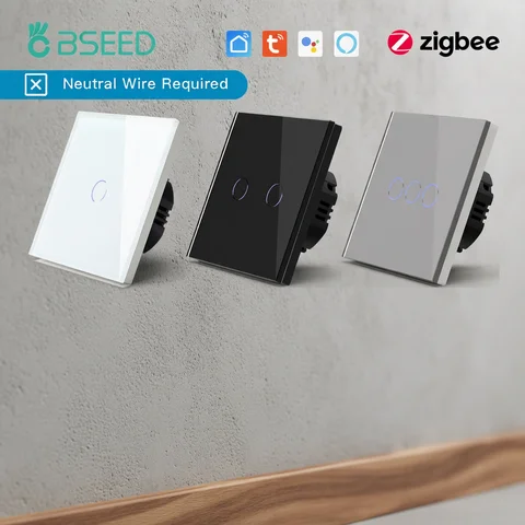 BSEED Zigbee Smart Light Switch 1/2/3Gang Wall Touch Switch Smart Life Google Alexa Tuya App Control No Neutral Wire Required